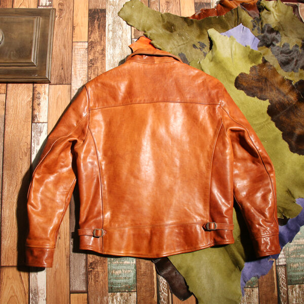 Japanese-style Leather Jacket,  a slim-fitting short style, lapel, horsehide, washed and distressed - Image 3